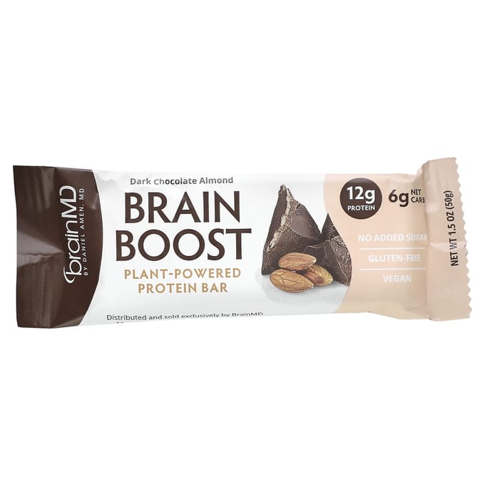 BrainMD, Brain Boost, Barres protéinées végétales, Chocolat noir et amandes, 10 barres, 42 g (50 grammes) Chaque