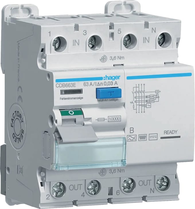 Hager CDB663E CDB663E Aardlekschakelaar Aardlekschakelaar voor AC/DC B 63 A 0.03 A 230 V, 400 V