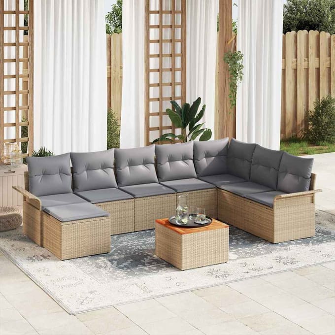 vidaXL - Tuinbank - Set - 9 - st - Beige - en - Lichtgrijs - poly - rattan