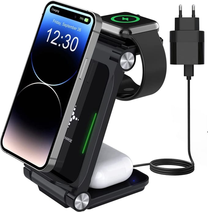 3-in-1 Oplaadstation + 20W USB-C Power Adapter - Draadloze Oplader - Universeel - Qi Gecertificeerd