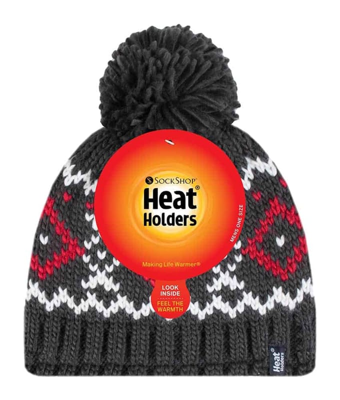Heat Holders - Beanie Pom Pom-muts voor heren - Houtskool / Rood