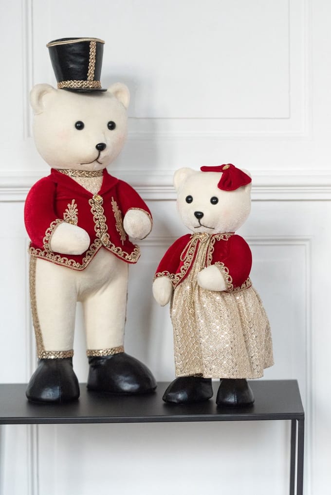 J-Line figuur Beer staand jongen/meisje - polyfoam/textiel - rood/goud - small - 2 st.