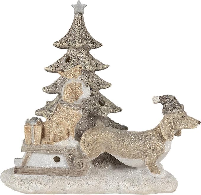 Clayre & Eef Beeld Hond 16x8x15 cm LED Grijs Beige Polyresin Kerstdecoratie