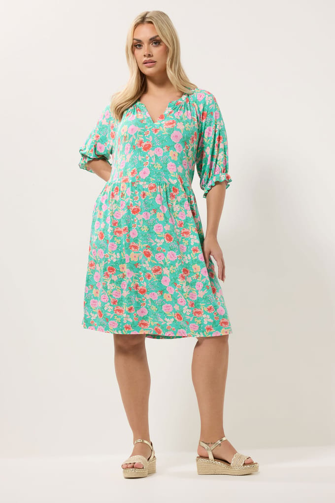 Yours Groene Jurk Met Bloemenprint En Inkeping In De Hals Size 48
