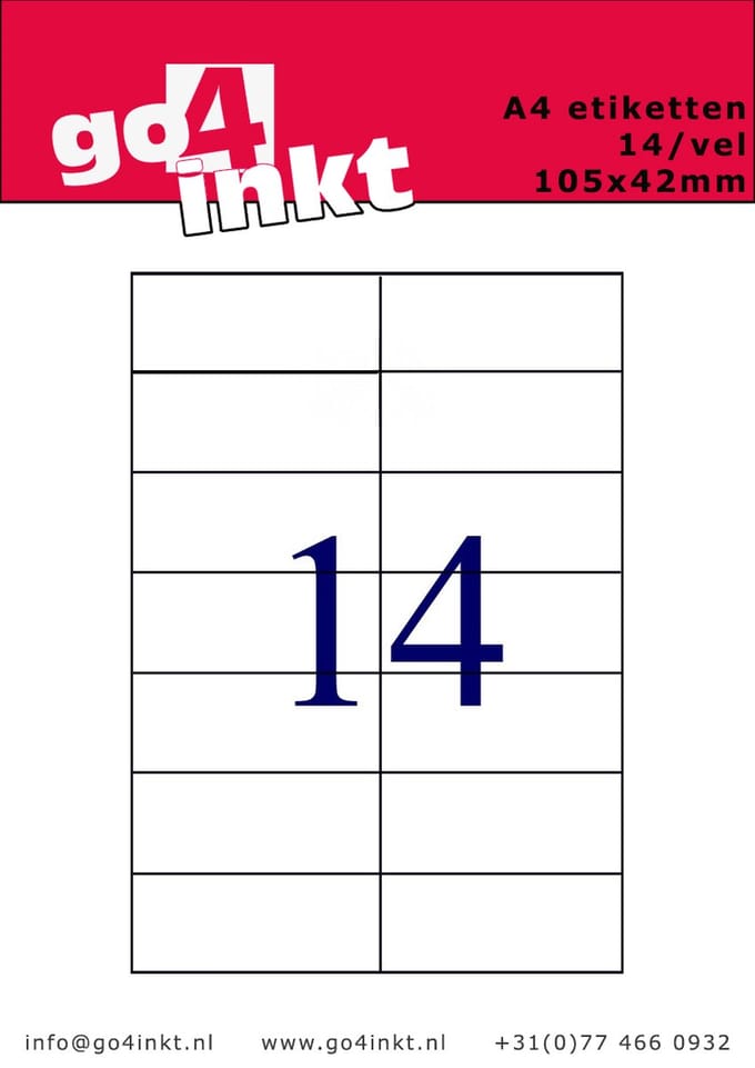 Go4inkt A4 Etiketten 14/vel 105mm x 42mm (100 vel) stickervellen wit