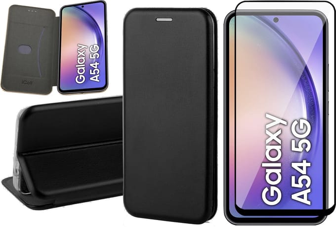 Hoesje geschikt voor Samsung Galaxy A54 - Screen Protector FullGuard - Book Case Kunstleer ThinShield Zwart & Screenprotector