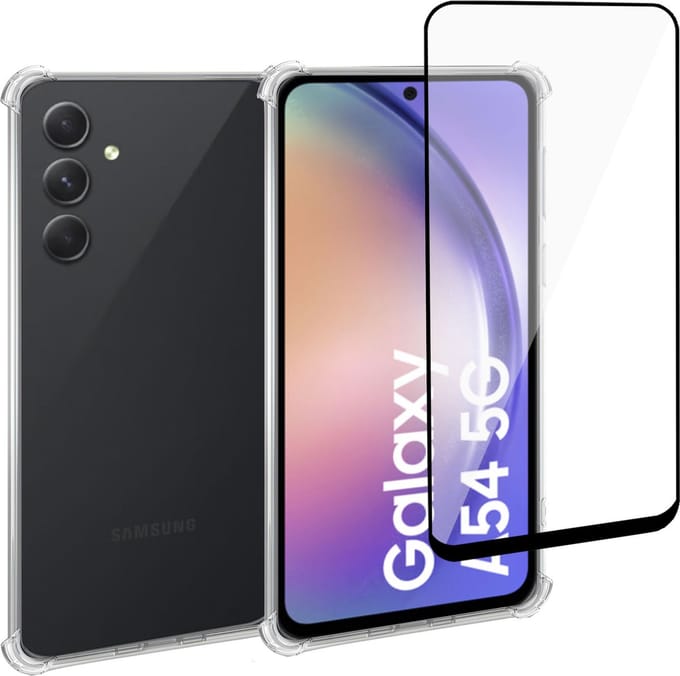 Geschikt voor Samsung A54 Hoesje + Screenprotector – Full Cover Gehard Glas + Shock Proof Case – Transparant