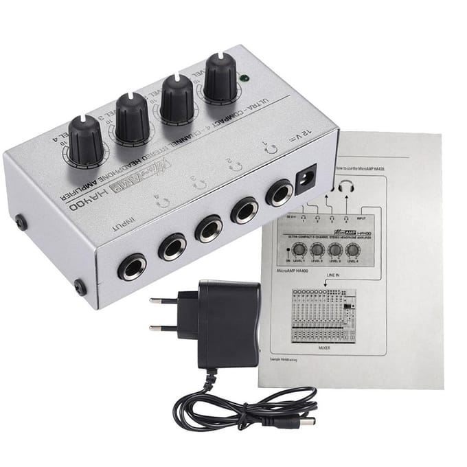 HA400 Ultracompact 4 canaux Mini amplificateur de casque audio stéréo avec adaptateur secteur EU Plug argenté