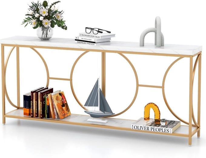 Lange Consouletafel 180 cm Haltafel met 2 Niveaus Kunstmarmer Wit Goud