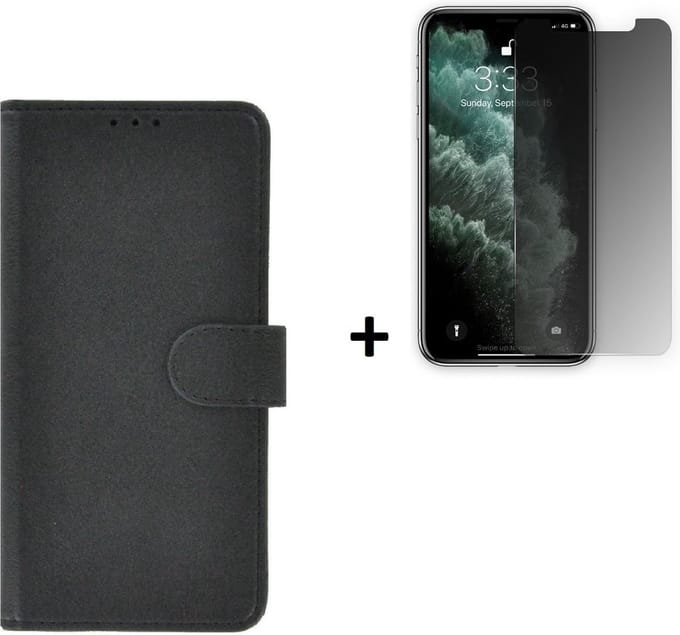 Hoesje Geschikt voor iPhone 11 + Screenprotector iPhone 11 - iPhone 11 Hoes Wallet Bookcase Zwart + Privacy Tempered Glass