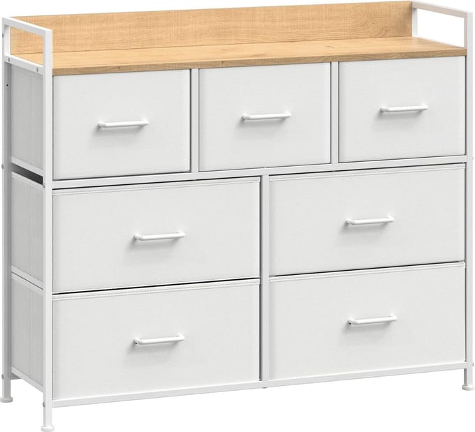 Hoppa! Commodekast – 7 stoffen laden met handgrepen – Industrieel design – Wit/Eiken