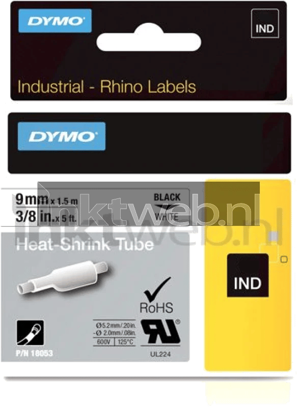 Labeltape dymo rhino industrieel krimpkous 9mm Zwart op wit