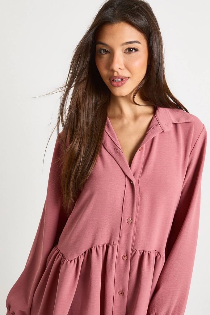 boohoo Dames Gehamerde smockjurk met volumemouwen | Rose | Maat: 8