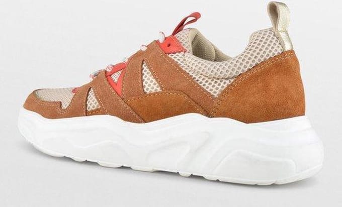 PS Poelman Year Dames Leren Chunky Runner Sneaker van Mesh en Suéde - Bruin Beige Rood - Maat 42