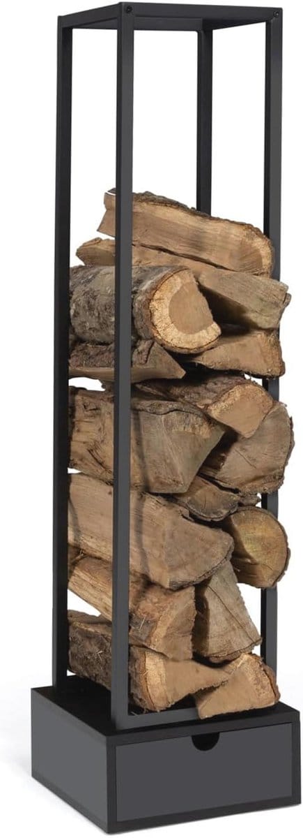 Verticaal Houtopslag Rek - Staal Zwart 125 cm met Lade