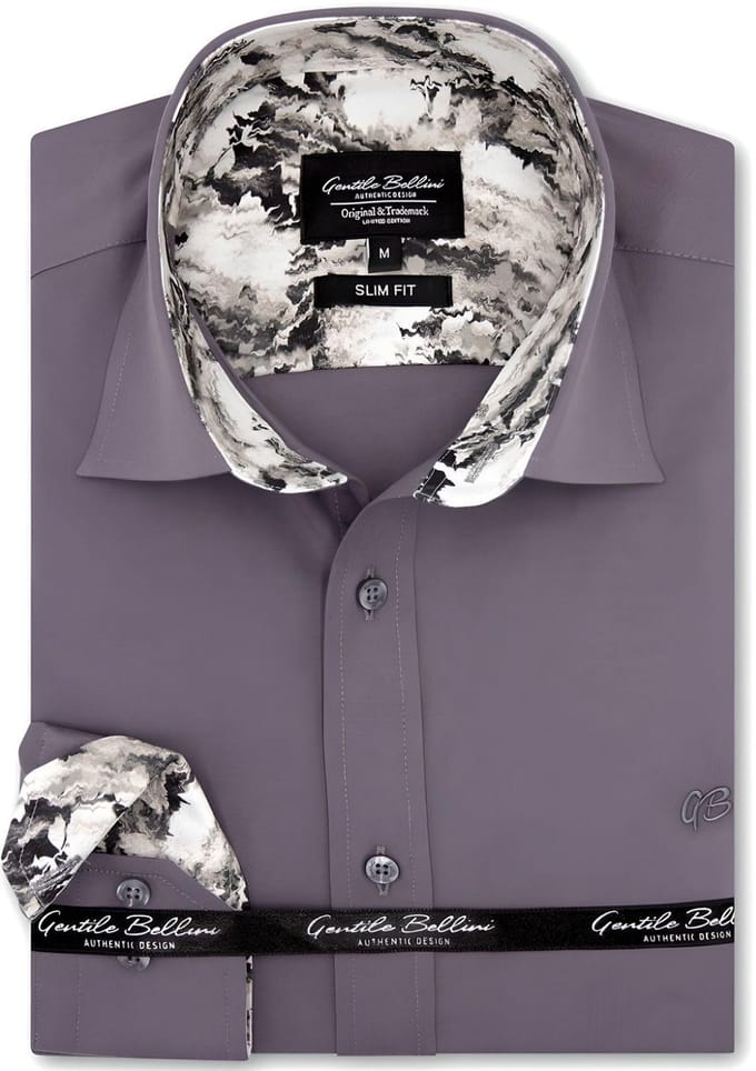 Heren Overhemd - Slim Fit - Paisley Contrastbeleg - Grijs - Maat M