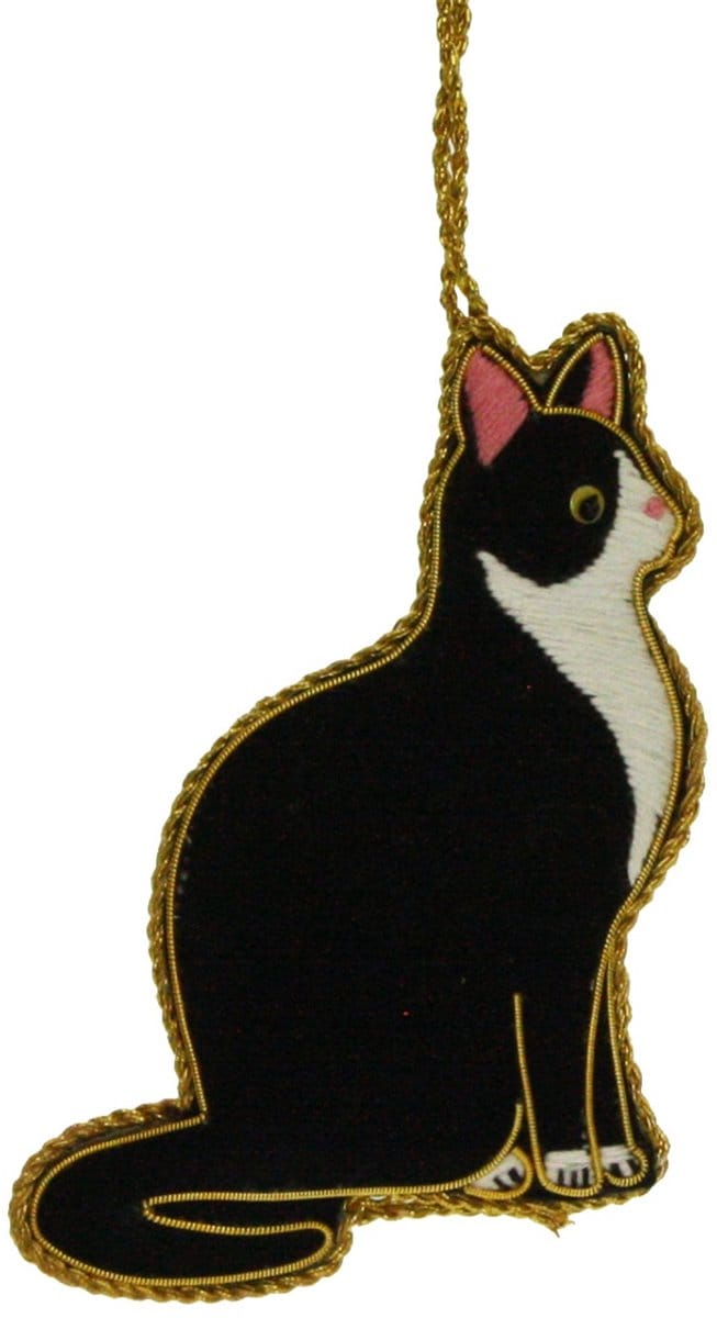 Kat zwart/wit Ornament 6,5x1x10cm