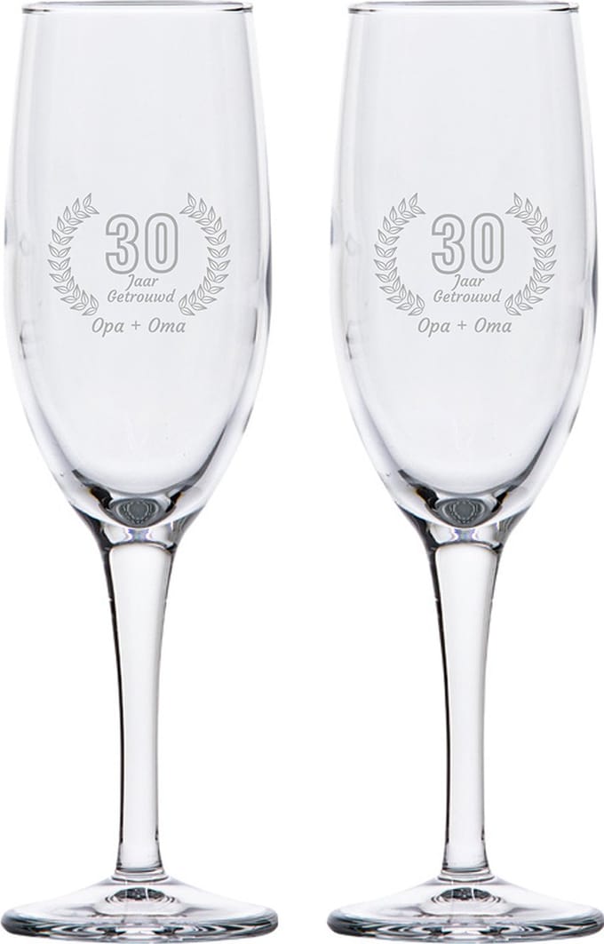 Gegraveerde set champagneglazen 16,5cl Opa + Oma 30 jaar getrouwd