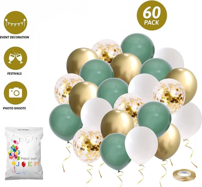 FeestmetJoep® 60 stuks ballonnen Goud & Groen – Verjaardag Versiering
