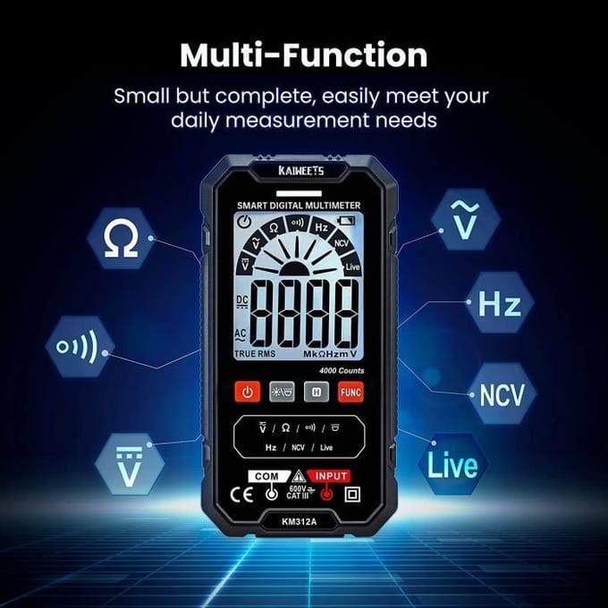 KAIWEETS TRMS Digitale Multimeter met Automatisch Bereik 4000 Counts, Multimeter, Voltmeter, Meetspanning, Continuïteit, Weerstand