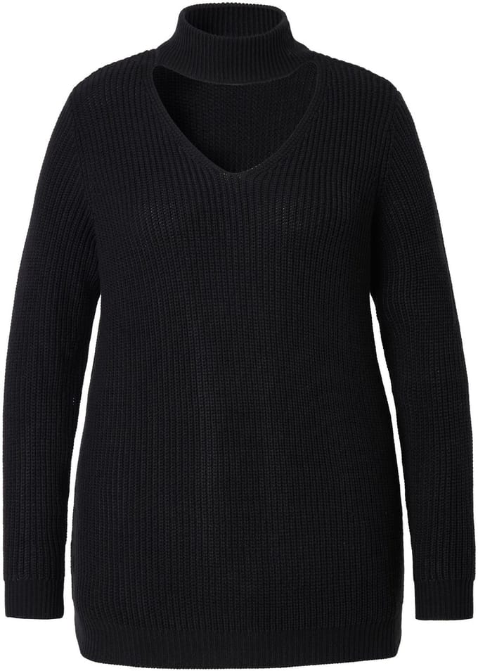 MIAMODA - Dames - Pullover regular fit V-hals met choker - Zwart - Maat 54+