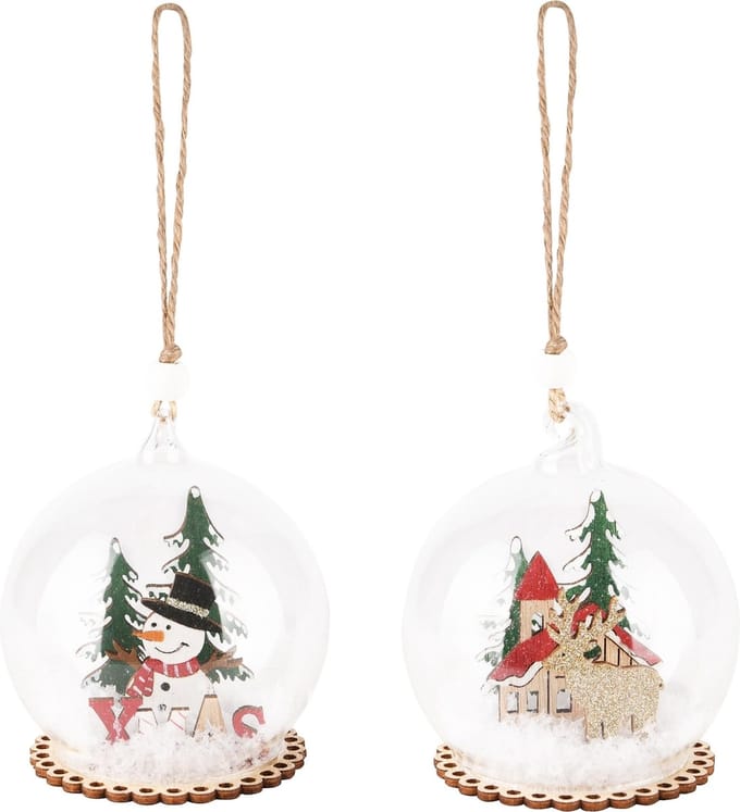 Dekoratief | Hanger bal m/sneeuwman/rendier, naturel, glas, 7x7x9cm, set van 2 stuks | A235557