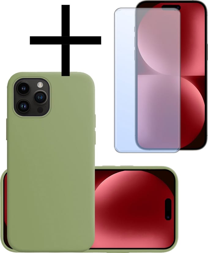 Hoesje - Met Screenprotector - Geschikt voor Apple iPhone 15 Pro Max - Sterk & Shockproof - Back Cover - Siliconen Case - Telefoon Hoes - Groen