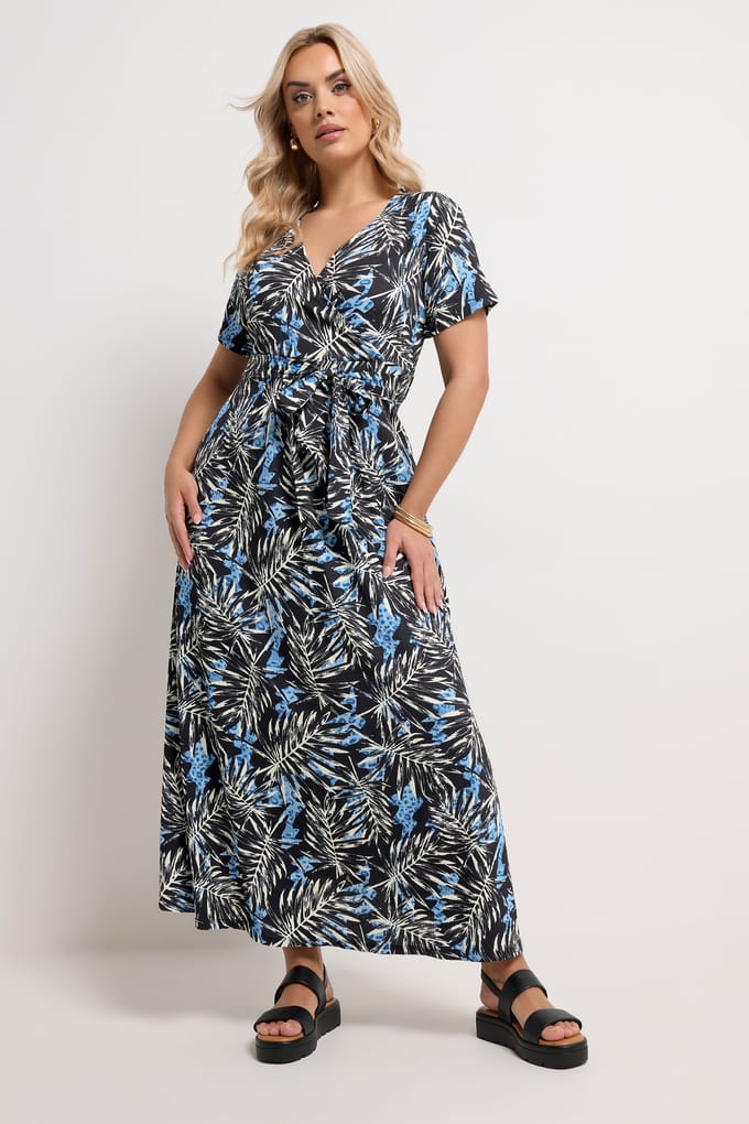 Yours Zwarte Maxi Wikkeljurk Met Bladprint Size 48