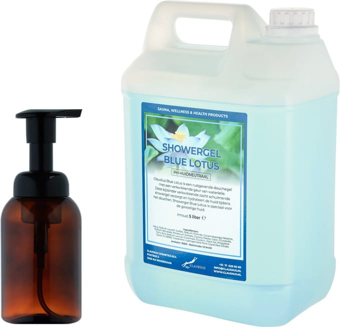 Zeepdispenser 300 ml amber bruin hervulbaar + 5 liter Showergel Blue Lotus navulling