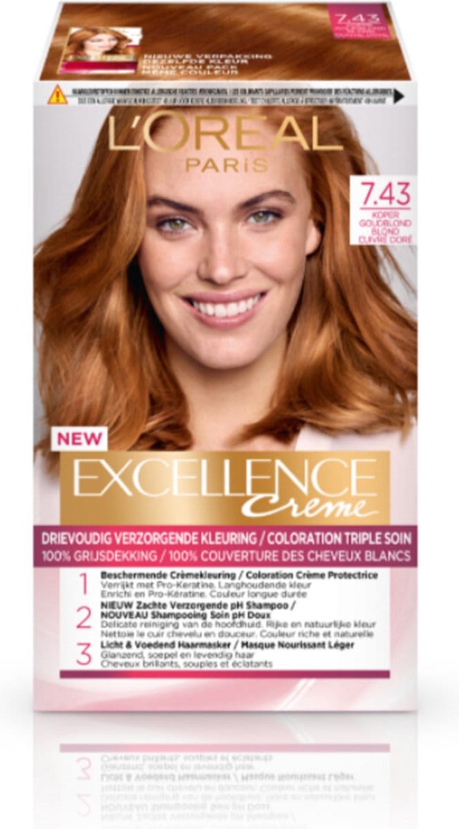 L'Oréal - Excellence Crème Permanente Crèmekleuring 7.43 Koper Goudblond - 2 x 1 stuk - Voordeelverpakking