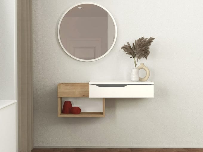 Vente-unique Wandconsole met 1 lade en 2 planken - Naturel en wit - DAREKA