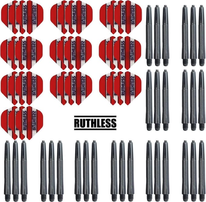 Darts Set - 10 Sets Ruthless Flights – dart flights – Rood – plus 10 sets Dragon – dart shafts – medium