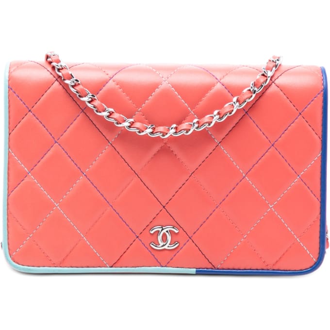 Tweedekans Cc Gequilted Lamsleer Multicolor Rand Volle Flap Portemonnee Op Ketting