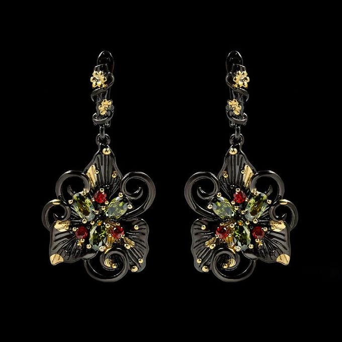 Boucles d'oreilles Orchidée Élégantes et Stylées en Or Noir et Zircon Vert black