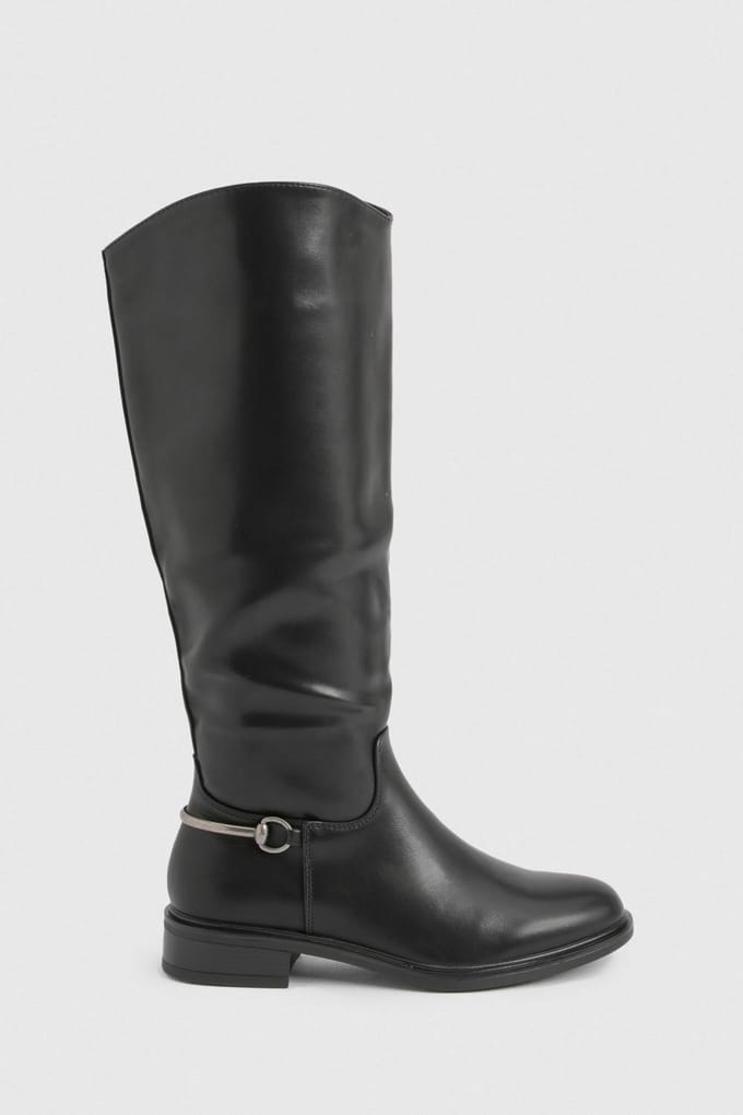boohoo Dames Robuuste hardware details kniehoge platte laarzen | Black | Maat: 4