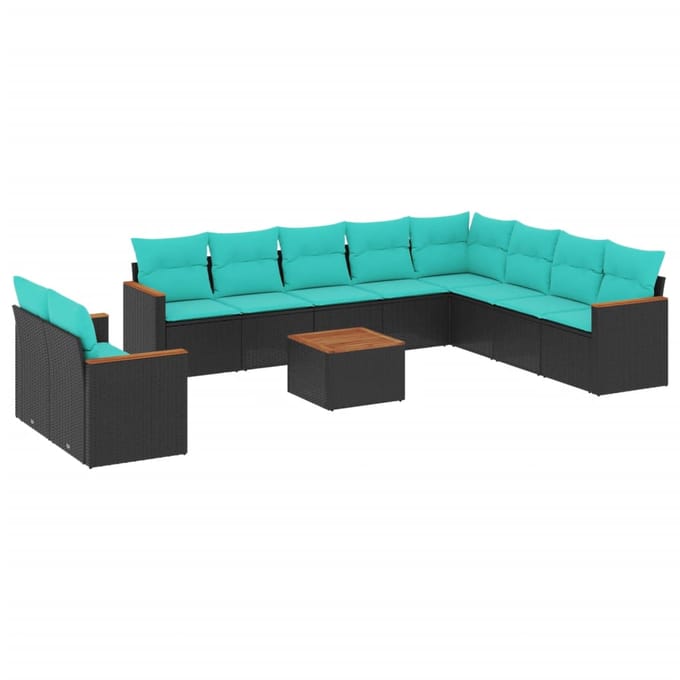 vidaXL - 11-delige - tuinbankset - met - kussens, - zwart - polyrotan