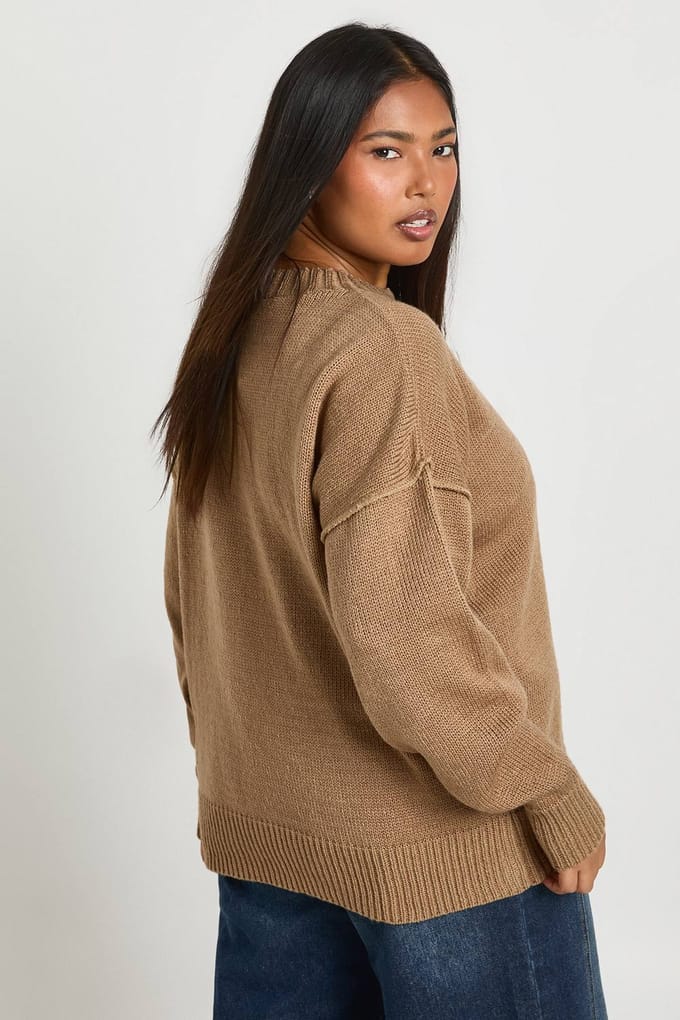 boohoo Dames Plus Gebreide Trui met Zichtbare Naden | Taupe | Maat: 28