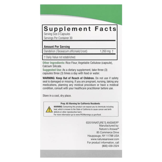 Nature's Answer, Pissenlit, 1 260 mg, 90 gélules végétales (420 mg par capsule)