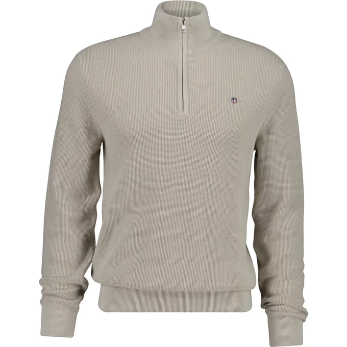 Gant Trui Solid Color Micro Textured Cotton Half Zip Clay Beige / male