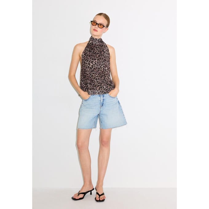 Stradivarius Haltertop van tule met sjaalkraag en print  Middenbeige S