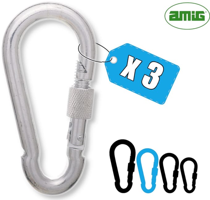 AMIG Karabijnhaak 8x80mm Groot RVS 316 met Schroefsluiting 240kg Zeilboot Zeebestendig Stevig - 3 Stuks