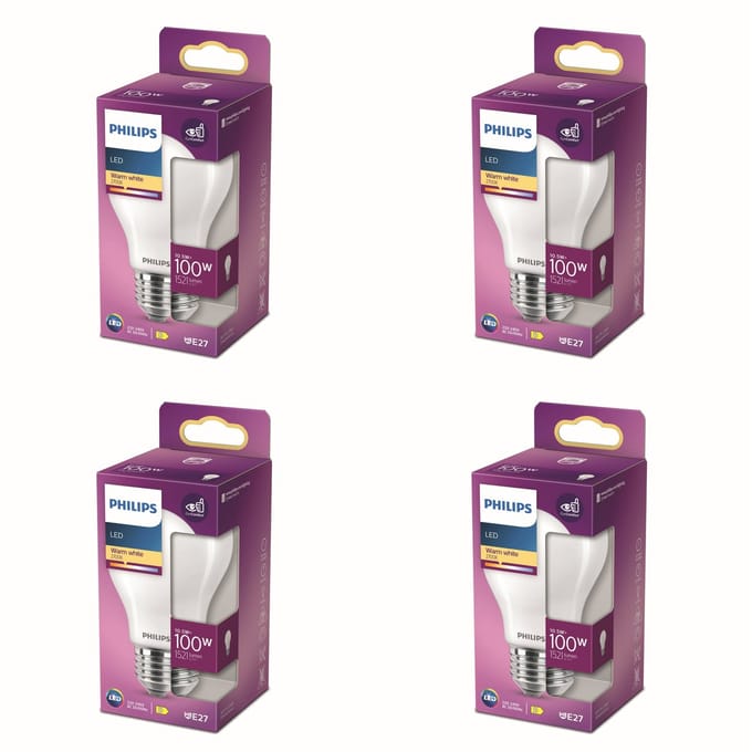 Philips Voordeelverpakking - E27 - LED Globelamp - Mat - 100W - Niet Dimbaar - Warmwit Licht - Set van 4 Stuks