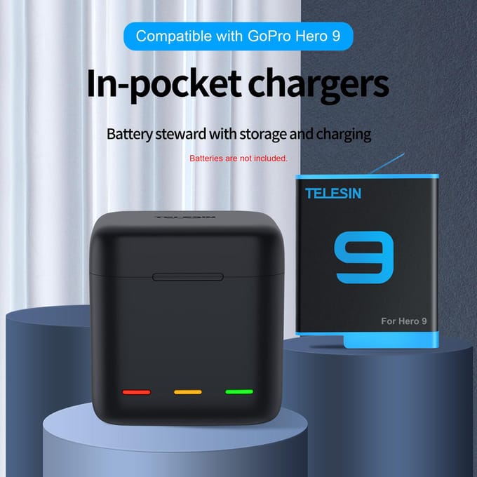 TELESIN GP-BCG-901 3-kanaals USB Batterij Snellader Batterij Opberg Draagkoffer met USB zwart