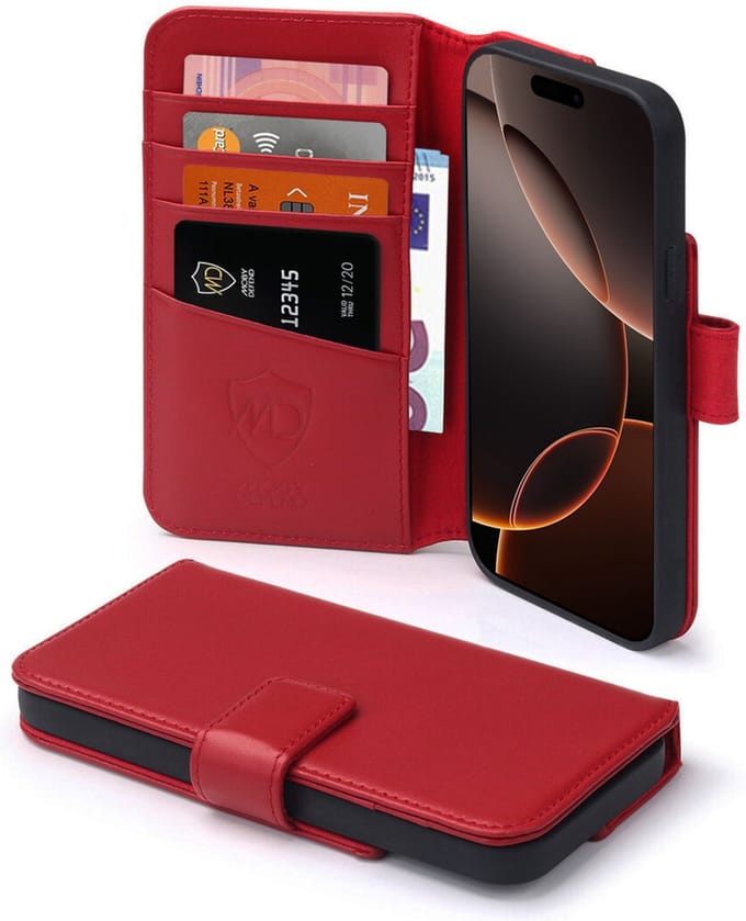 MobyDefend Hoesje - Geschikt voor iPhone 16 Pro Max - Luxe Leren Wallet Bookcase - Rood