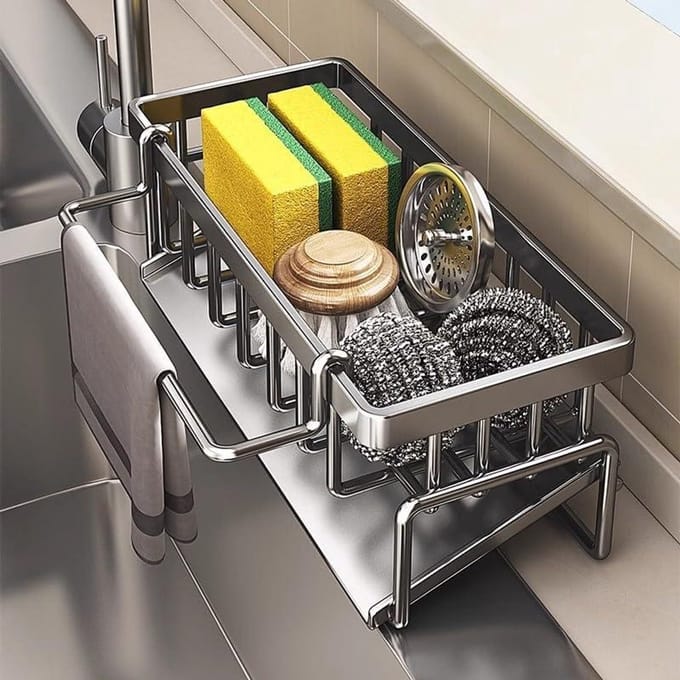 Spoelbak Organizer met Afdruipbak - Grijs - Multifunctioneel - Keuken en Badkamer - Handdoekhaak