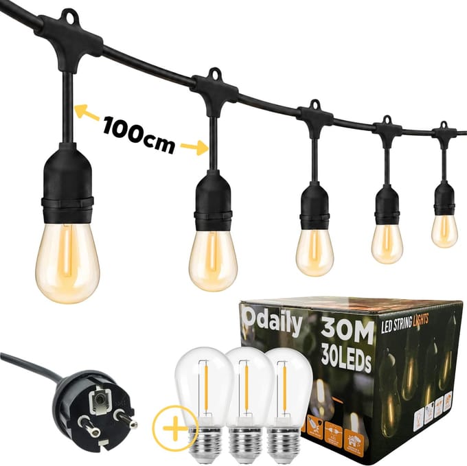 Odaily Lichtsnoer Buiten - 30m - 30 LEDs - Warm Wit Licht - IP65 - Professionele Kwaliteit