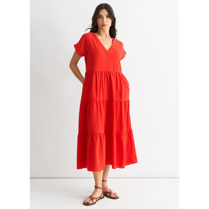 Rode V-hals smock midi-jurk