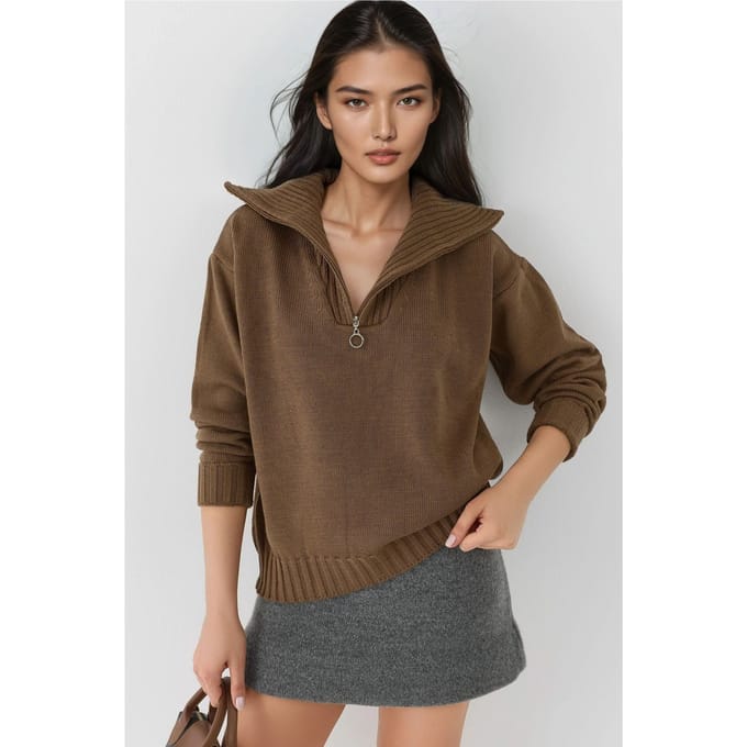 Oversized Geribde Gebreide Trui met Ritskraag