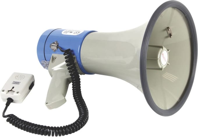 Velleman Megafoon met schouderriem, 25 W, 500 m, sirene, spreekfunctie, fluittoon, afneembare microfoon