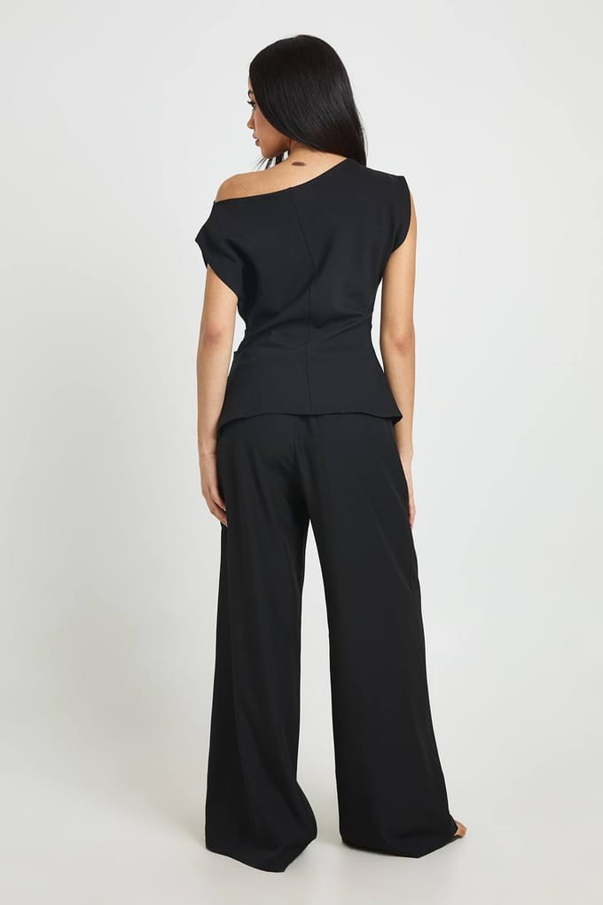 boohoo Dames One Shoulder Lange Top & Rechte Broek Coordinatenset | Black | Maat: 6